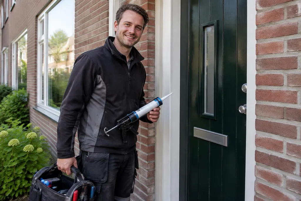 Vakman van Kitbedrijf Gouda bij de voordeur van een woning